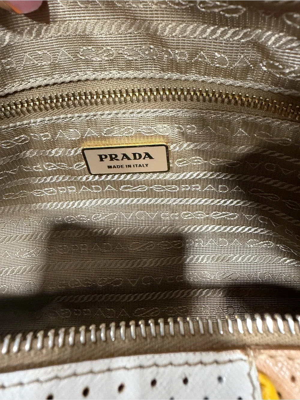 Prada Beige and White Perforated Leather Satchel with Yellow Trim